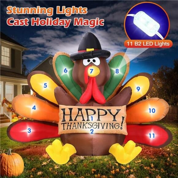 6FT Thanksgiving Inflatables Turkey Decor with Pilgrim Hat & Colorful - Picture 3 of 7
